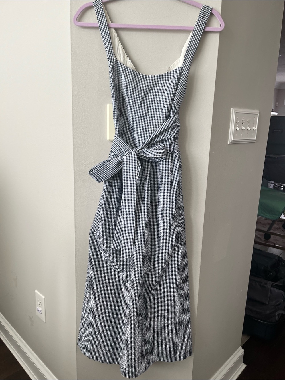 Blue Gingham Tie-Waist Midi Dress